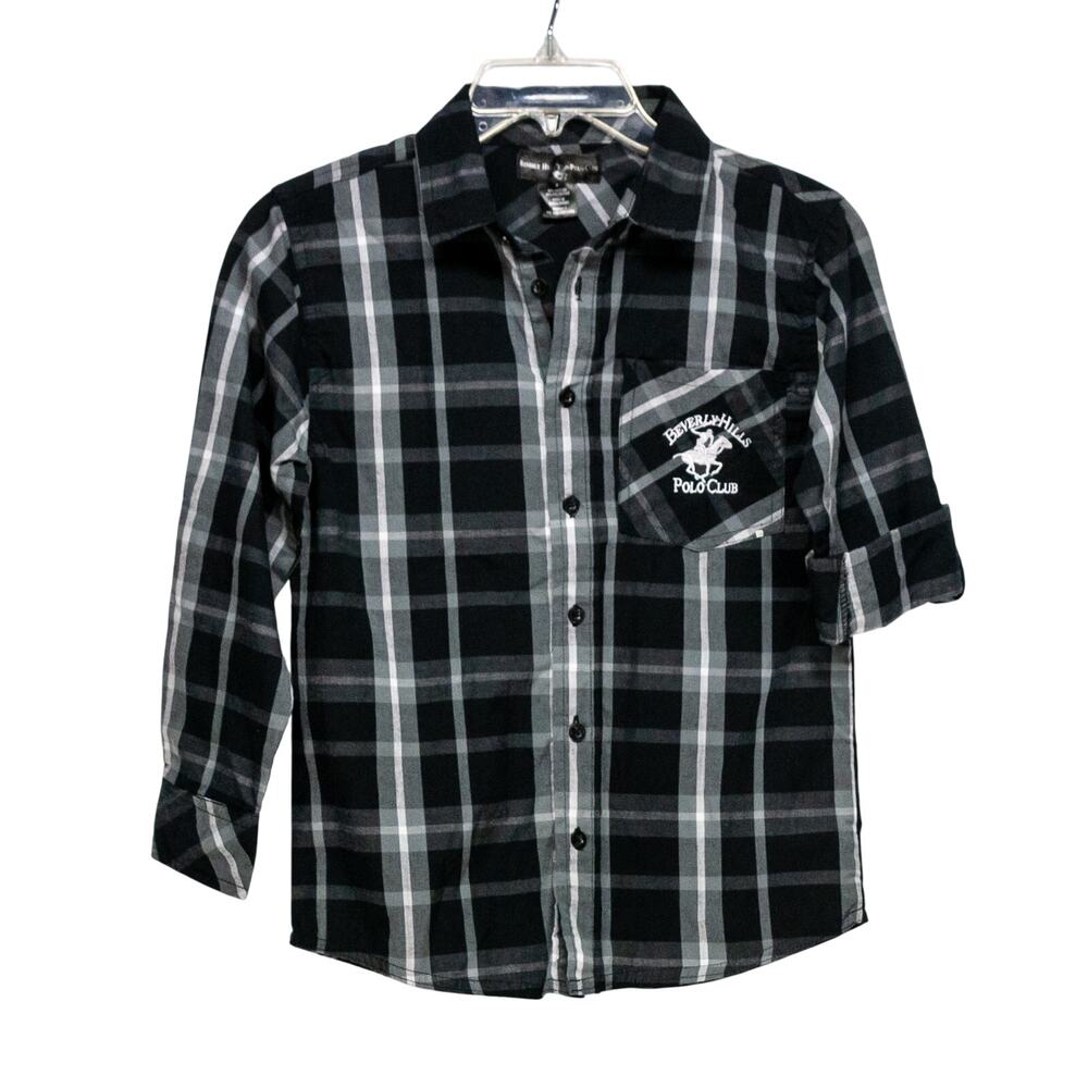 Boys Size 8 Clothes BEVERLY HILLS POLO CLUB Black Plaid Dress Shirt Button Down